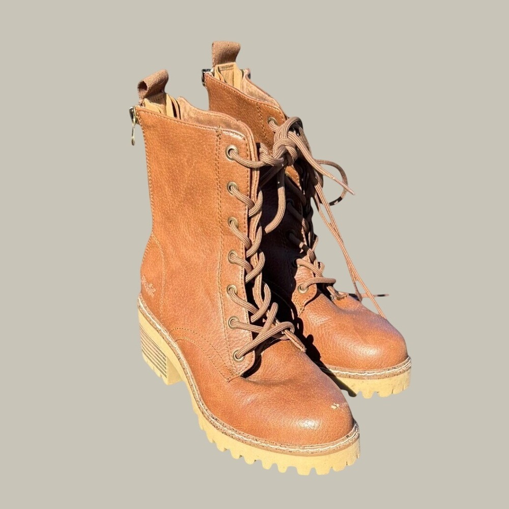 Blowfish Malibu Boots Women 7 Brown Combat Lug Sole Dual Back Zip Croc Detail
